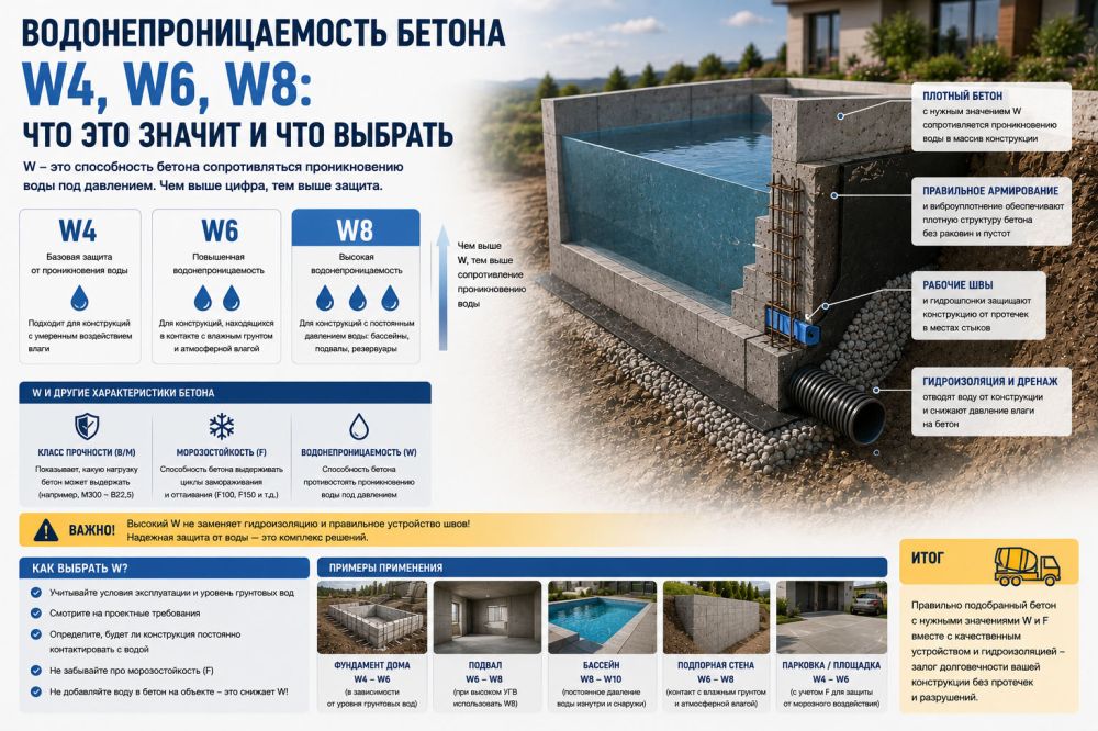 W6, W8, W12, W16, W20: что означает водонепроницаемость бетона и как её повысить